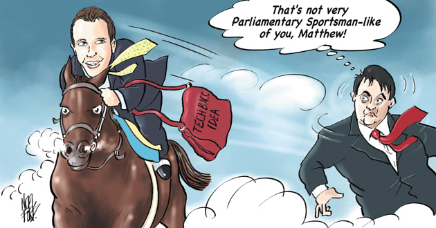 Hancock is depicted in the FE Week edition 49 cartoon (his first) riding off with former Shadow Education Secretary Stephen Twigg’s plans for a Tech Bacc