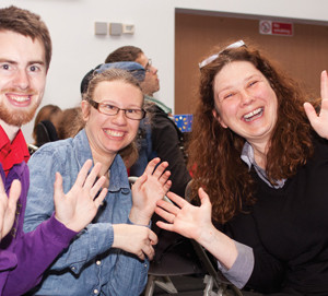 Kathryn Rudd with students Jasper Farrow-Jones Cumming, aged 20, and Katie Derham, 20