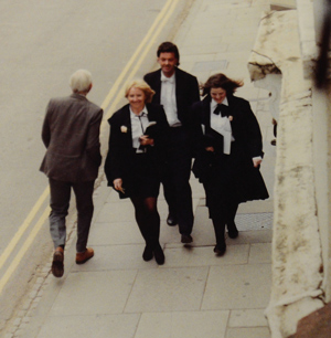 Kelly (centre left) after her final exams, pictured in Holywell Street, Oxford, with friends