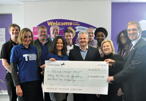 SCCB handover a cheque of £32,099 to Teenage Cancer Trust including former Aston Villa footballer Steve Staunton (third from the left) and SCCB principal Mike Hopkins (far right).