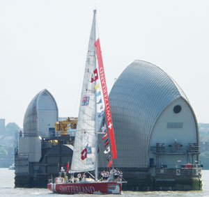 The Switzerland passing the Thames Barrier as it began its voyage