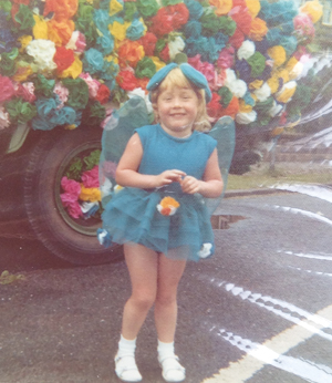 Parrett in fancy dress as a flower fairy in 1974