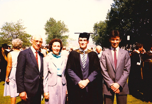 From left: Farrar’s father Ron, mother Doreen, Farrar and his younger brother Peter at his graduation from Swansea University in 1983.