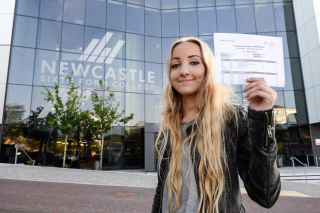 Date: 13/08/2015 Students pick up their A Level results at Newcastle Sixth Form College this morning (THURS) Pictured is Lois Flounders, 18, who got 2 A* and 2 A results #NorthNewsAndPictures/2daymedia