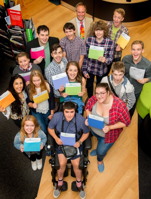 Barton Peveril College students celebrate their A Level success with College Principal Jonathan Prest. - Thursday 13th August - Picture Andy Brooks