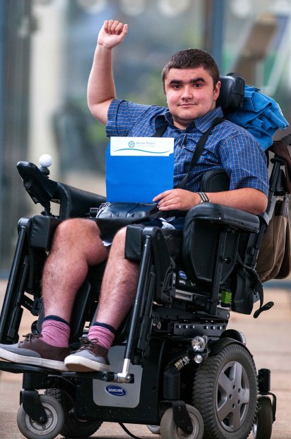 Barton Peveril student Sam Waddington celebrating his A Level results which mean he is off to study journalism at Winchester University. Thursday 13th August, 2015 - Picture Andy Brooks