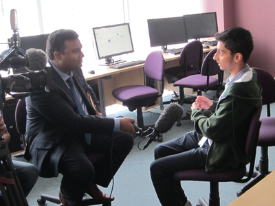 BBC reporter Mahfuz Sadique interviews Uxbridge College learner Sunil