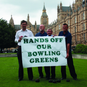 John Woodcock protests outside parliament in 2011 with a group of Furness bowlers to save bowling greens