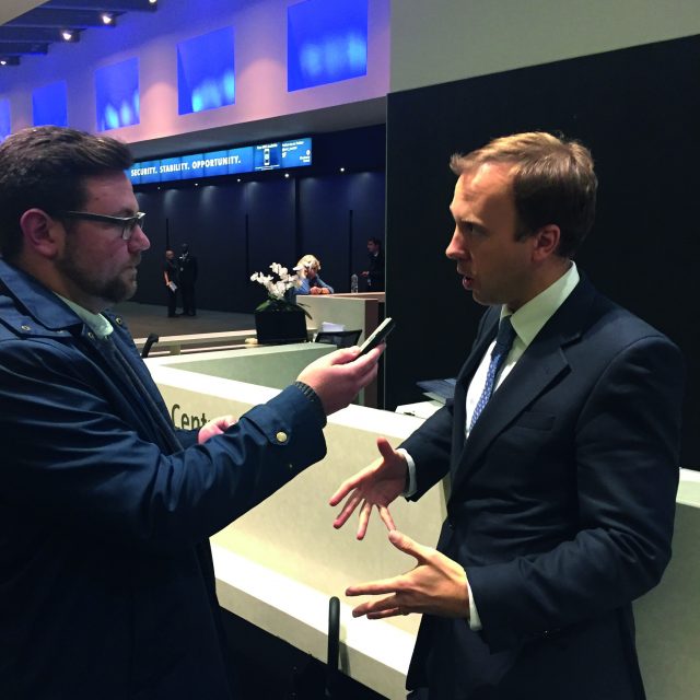 Reporter Freddie Whittaker interviews Cabinet Office Minister Matthew Hancock during the 2015 Conservative Party conference