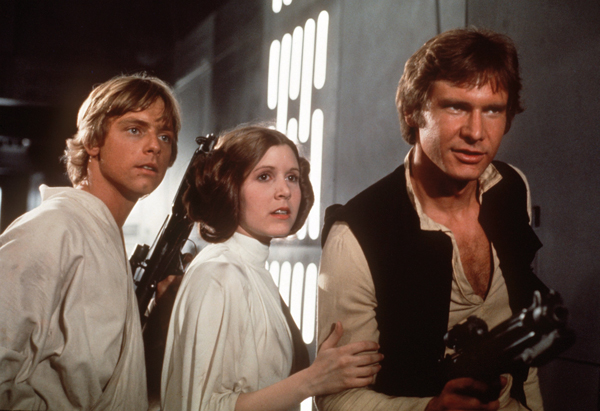 Harrison Ford, Mark Hamill and Carrie Fisher in a scene from Return of the Jedi