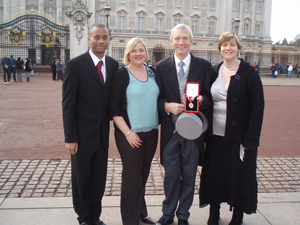 From left: Sir David’s son Richard and his daughters Jane and Ruth outside Buckingham Palace after his knighthood in 2007