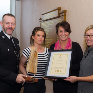 Zoe being presented with her award. From left: sgt Stephen Williams, the officer who used to regularly arrest Zoe, Zoe Marie Roberts, Carys Jones from Gwynedd Mon Youth Justice Service and Lois Jones, Zoe's former social worker