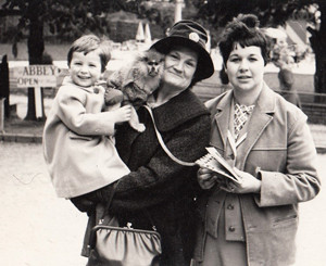 From left: Wright, aged two, with a monkey, grandmother Kathleen and mum Ann