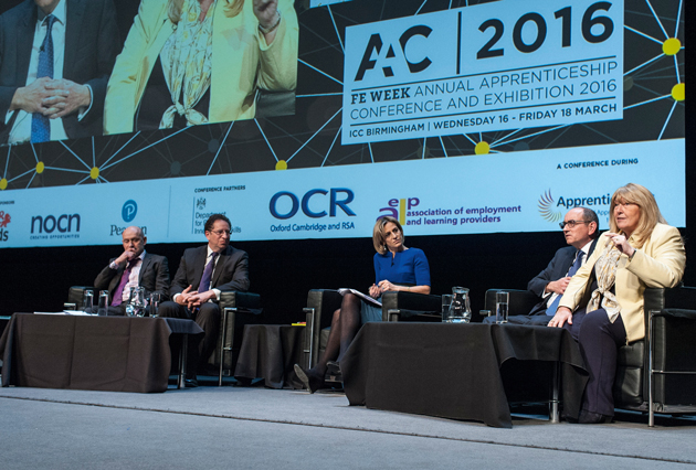 From left: Graham Taylor, principal, New College Swindon; Stewart Segal, chief executive, AELP; Emily Maitlis, broadcaster and host; Peter Lauener, chief executive, SFA and EFA; Sue Pember, director of policy and external relations, HOLEX