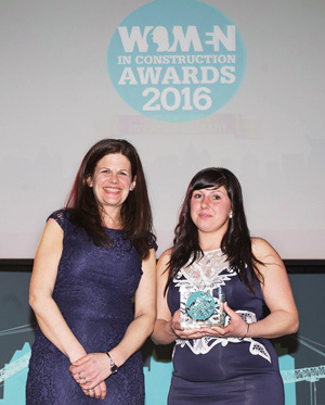 Claire Brittain (right) being presented with her rising star award by Sue Pollard, principal geotechnical engineer at Atkins Construction