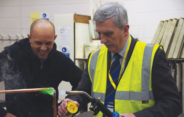 Leader of local council gets a masterclass in plumbing at Warrington Collegiate Leader of local council gets a masterclass in plumbing at Warrington Collegiate