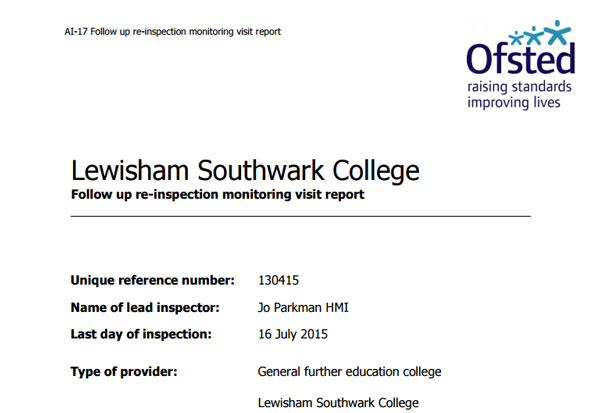 Ofsted monitoring visit finds 'reasonable' level of improvement for learners at Lewisham Southwark College Ofsted monitoring visit finds 'reasonable' level of improvement for learners at Lewisham Southwark College