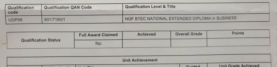 Blank BTEC results slip received on results day