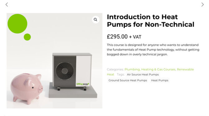 Piggy bank beside a compact heat pump on a white surface, with green bubbles in the top-left corner.