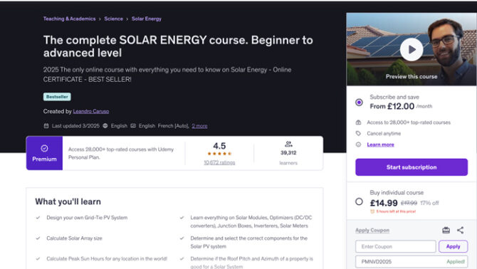 Dark-themed online course page for 'The complete SOLAR ENERGY course' with a video preview on the right and a purple 'Start subscription' button nearby.