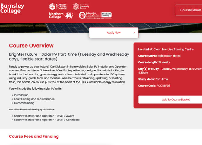 Course Overview page for Brighter Future - Solar PV Part-time at Barnsley College with a red info panel on the right