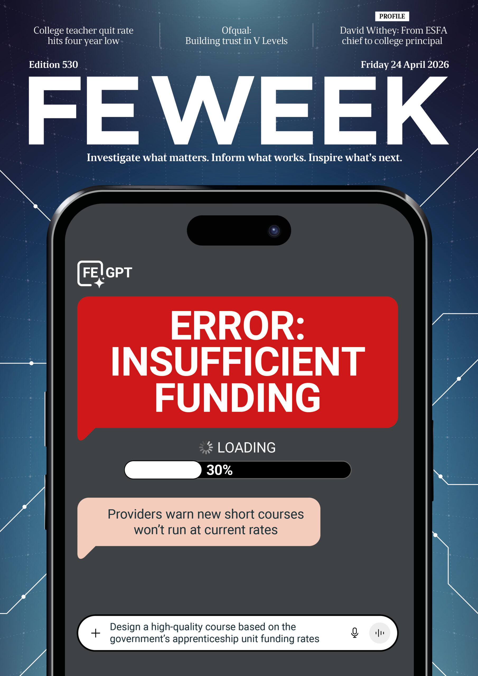 Magazine-style cover with FE WEEK title and blue background, overlaid by a smartphone screen showing a red ERROR: INSUFFICIENT FUNDING alert and a loading bar (30%).
