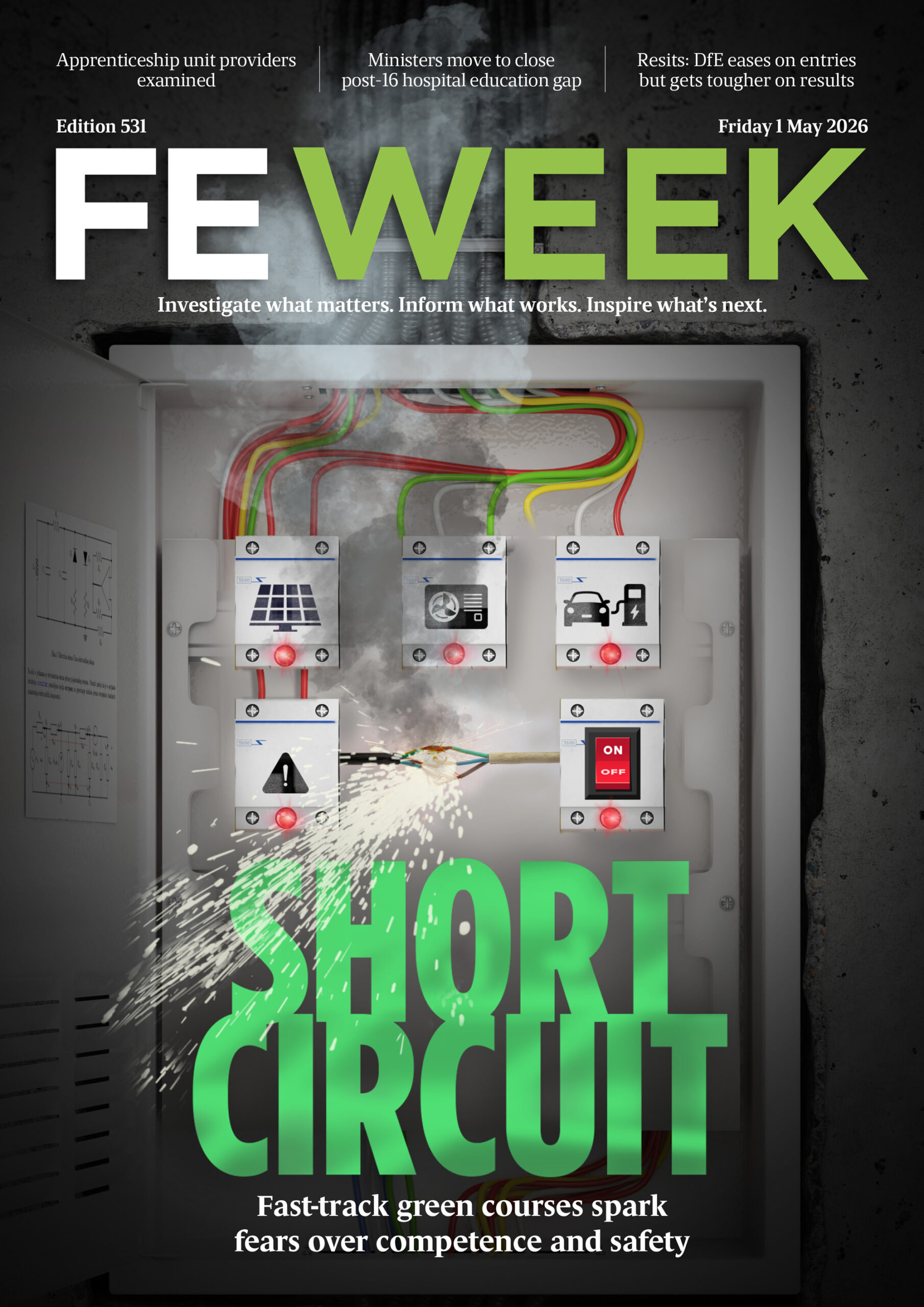 FE Week magazine cover showing an electrical control panel with colorful wires and sparks, overlaid with large green text 'SHORT CIRCUIT'